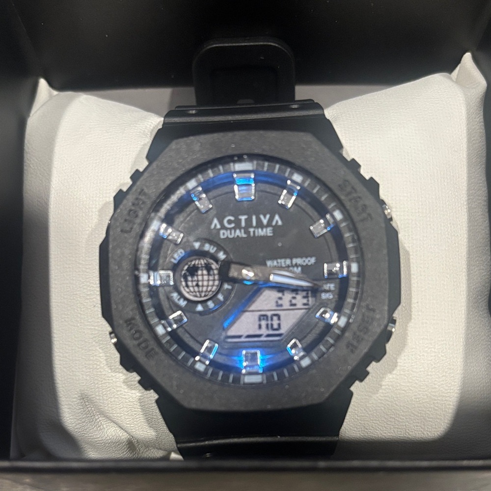 Activa Dual Time Chronograph Black Smartwatch with Blue Highlights